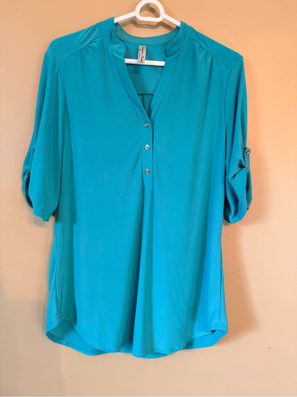 Perception Concept Teal Tunic Blouse Size L V-Neck Mandarin Collar